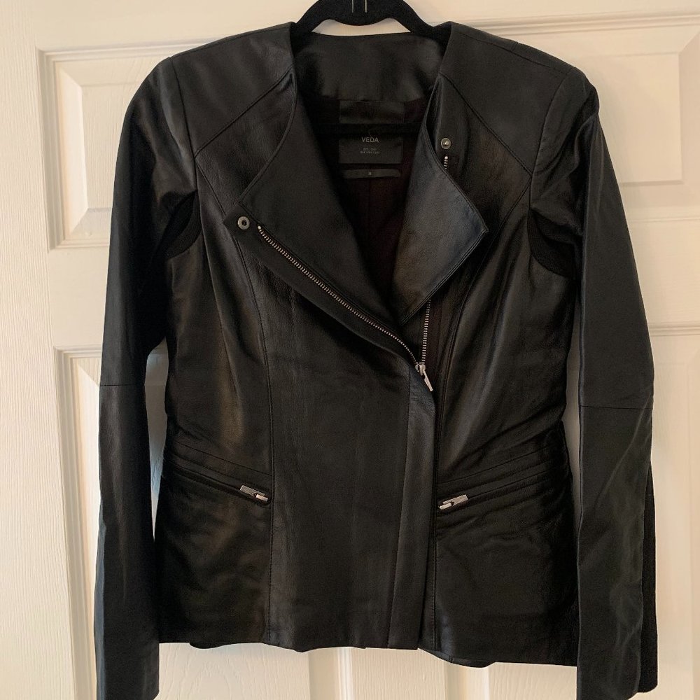 Veda Black Leather and Ribbed Cotton Moto Jacket M